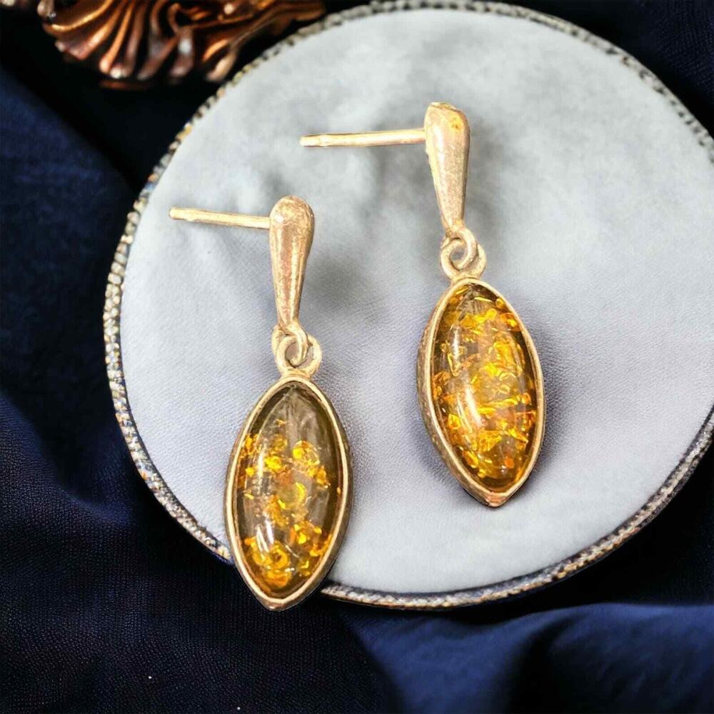 Baltic Honey Amber Sterling Silver Drops Dangle Earrings Signed
